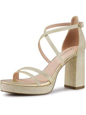 Strappy Platform Heels: Open Toe Sandals - Gold Glitter Sexy Dressy Block Heeled